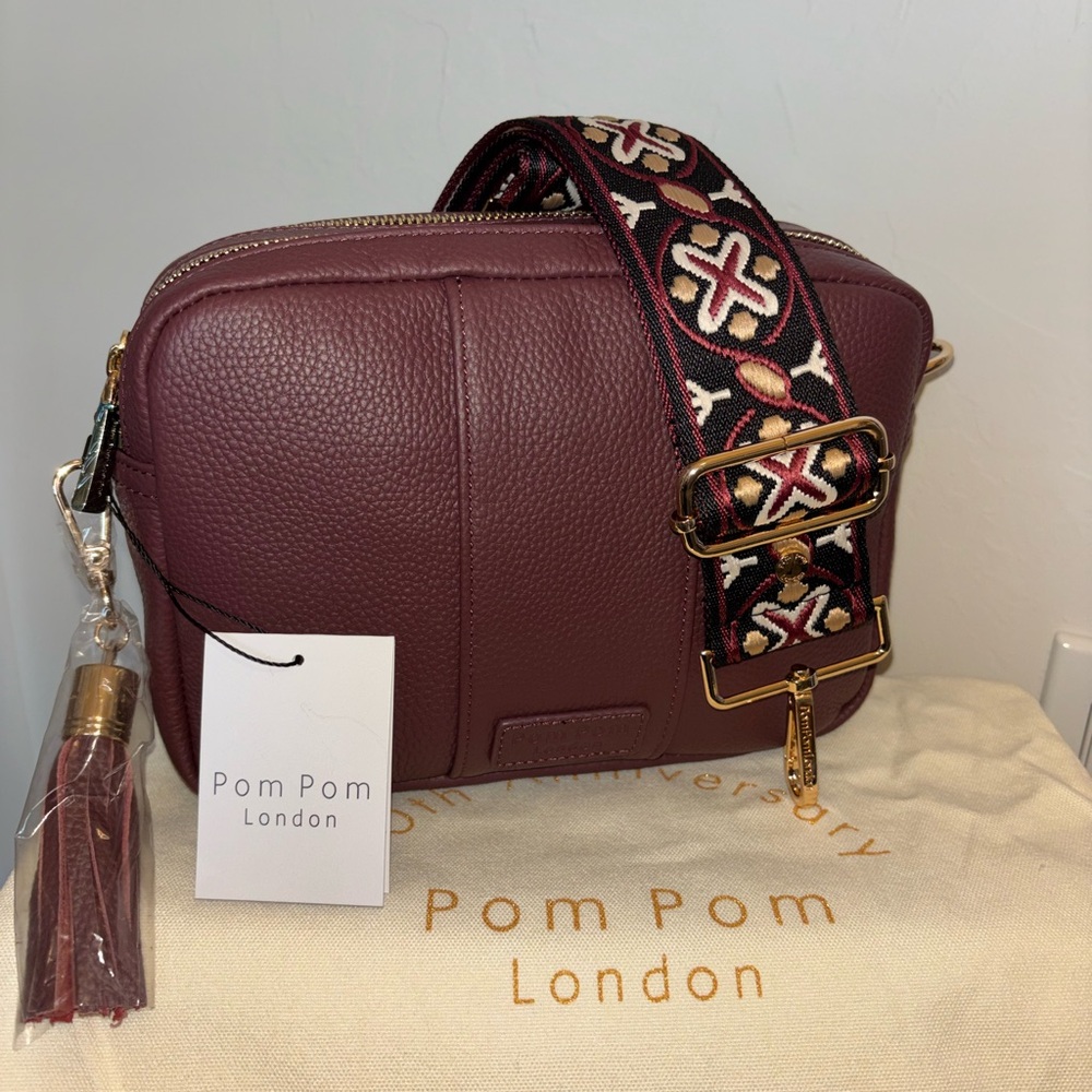 Pom Pom London City Duo crossbody bag purse deep burgundy + regal strap NEW